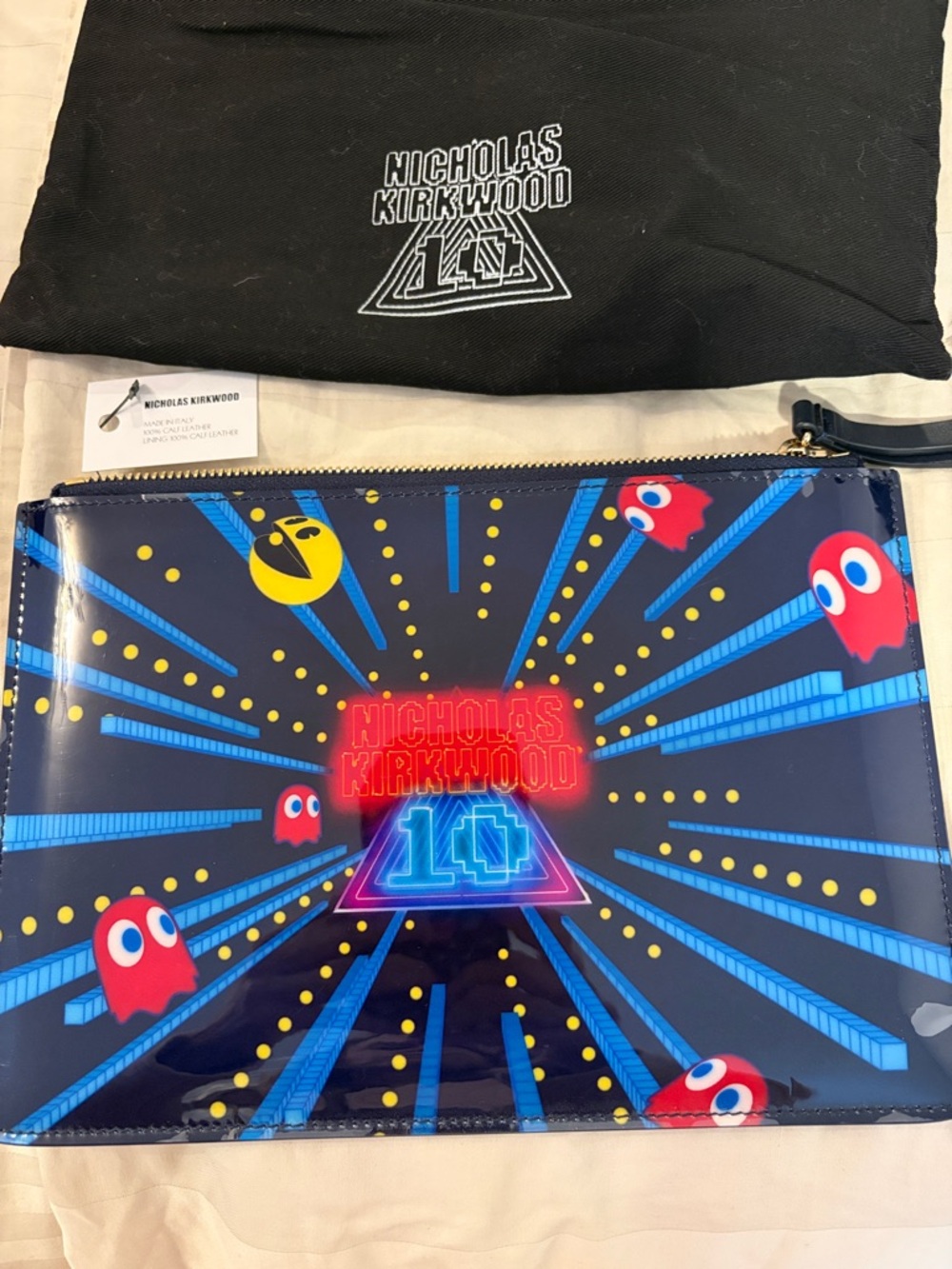 Nicholas Kirkwood Navy Vinyl Pac-Man Graphic Pouch with Neon Accents